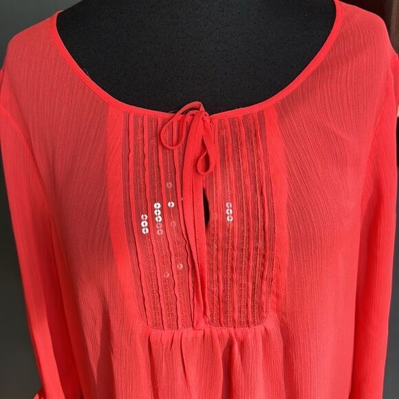 Express day glo orange sheer tuxedo pleat clear sequin bodice roll sleeve top. M - Picture 2 of 8